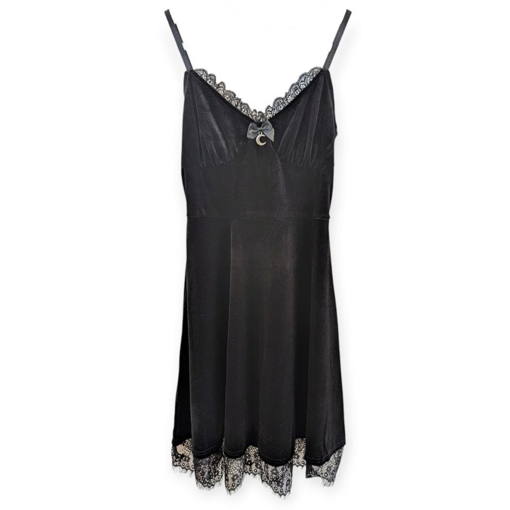 Y2K Womens Black Velvet Lace Babydoll Mini Slip Dress Small